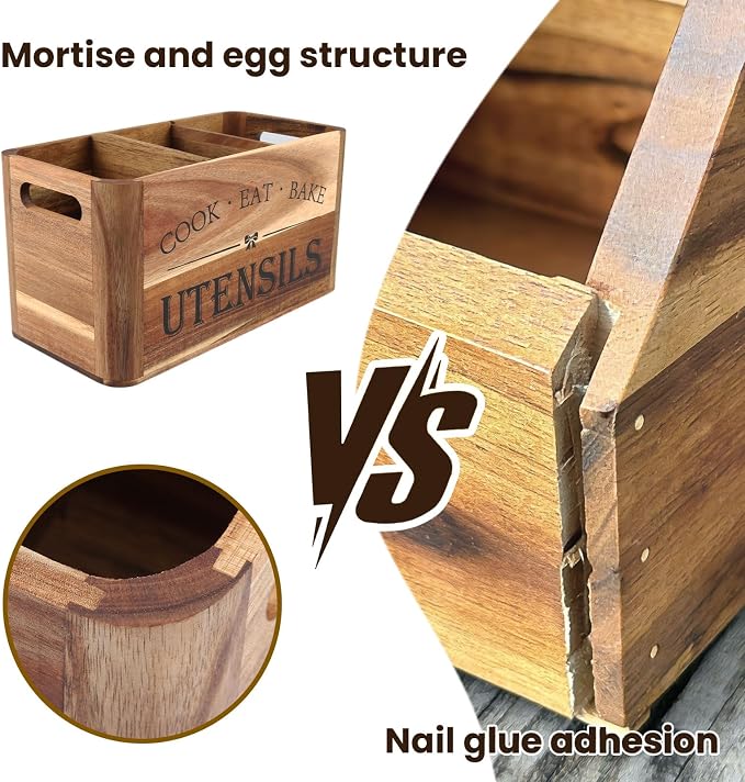 Utensil Holder for Kitchen Countertop - Extra Large 3 Compartment Wooden Organizer in Acacia Wood, Storage for Cooking Tools and Cutlery, Farmhouse Style for Home Cooking - Image 4