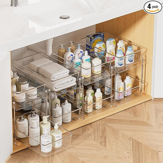 Vtopmart 4 Pack Pull Out Bathroom Under Sink Organizer (S-Standard) | Slide-out drawers, Multi-purpose storage, Clear visibility, Easy Set-up by Vtopmart
