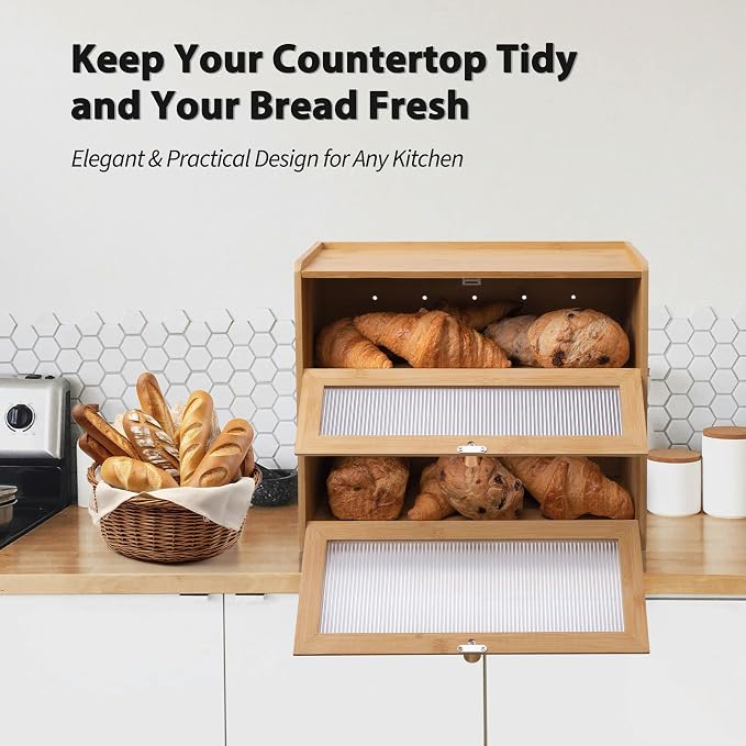 Bamboo Bread Box with golden knobs breadbox for Kitchen Countertop Double Layer Wooden Breadbox Vitamin Bottle Organizer Supplement Bottle Organizer Non-Toxic & Food-Safe (Assembly needed) - Image 8