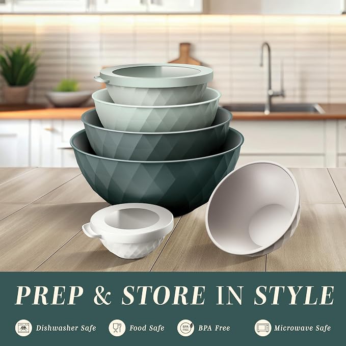 COOK WITH COLOR Mixing Bowls with Lids - 12 Piece Plastic Nesting Bowls Set includes 6 Prep Bowls and 6 Lids, Microwave Safe Mixing Bowl Set, Green Diamond - Image 2