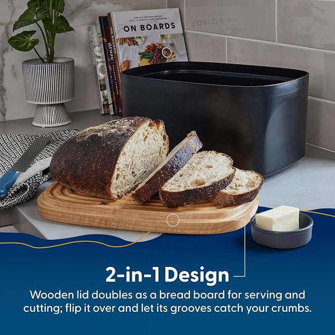 Sonder LA Union Bread Box with Wood Lid (Black) Large 14.25x9.25x7 in | Bamboo Fiber & Recycled Plastic Body with Reversible Bread Board Lid, Kitchen Countertop Use, Larger Than It Appears, 4 lbs - Image 2