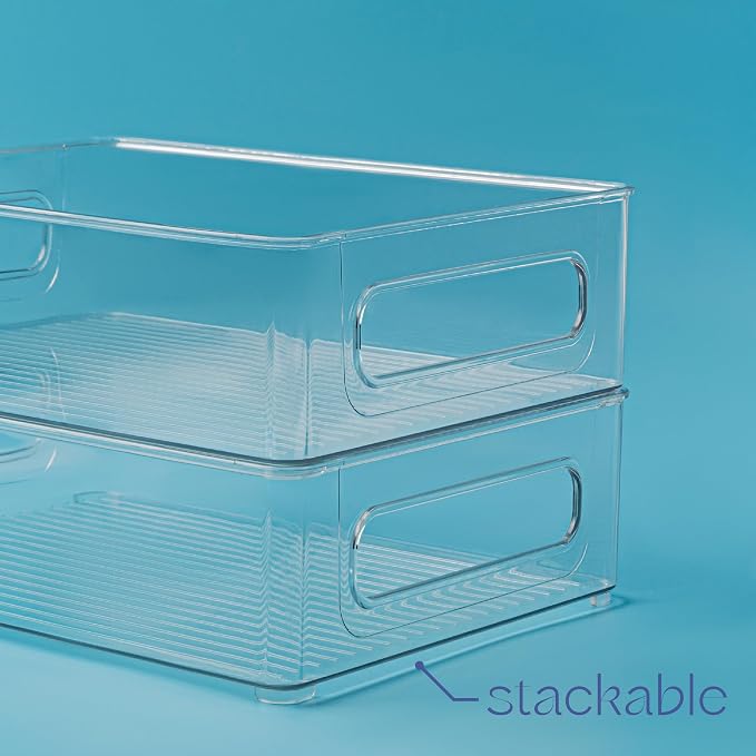 Plastic Food Storage 4 Pack Clear Container Bin with Handles for Organizing Kitchen, Pantry, Refrigerator, Freezer, Pantry, Cabinet, Closet, Bathroom. Stackable 10”x8”x3” - Image 5
