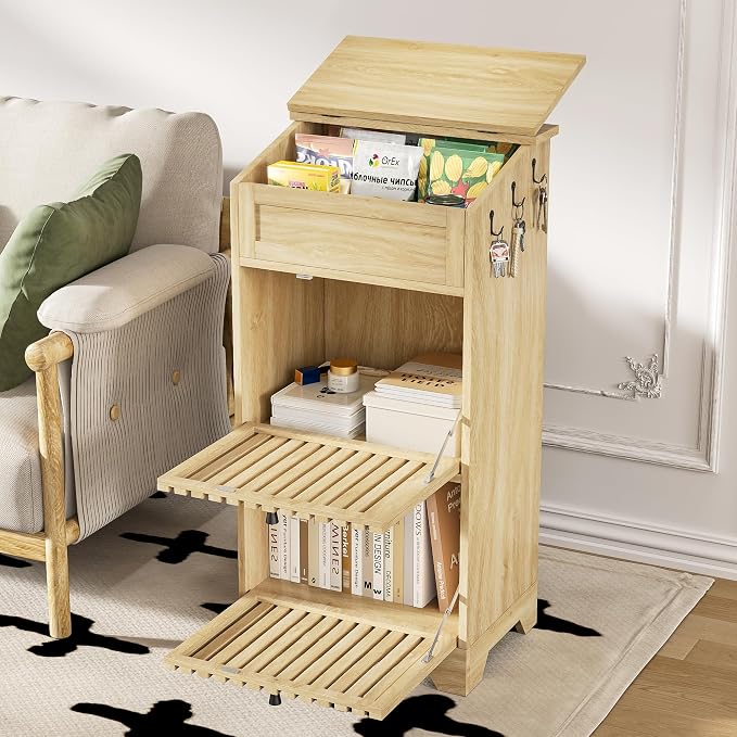 Potato Storage Bins, Fruit and Vegetable Storage, Kitchen Pantry Cabinet | Potato and Onion Storage Bins, Mid Century Modern, Wooden, for Homemade Bread, Snack, Magnetic Flip top, 3 Tier, Natural - Image 6