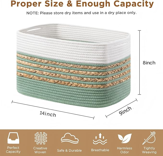 UBBCARE 4 Pack Baskets for Organizing, Woven Storage Baskets for Toys and Towel, Rectangle Cotton Rope Basket with Handles, 14''L x 8''W x9''H, Green - Image 2