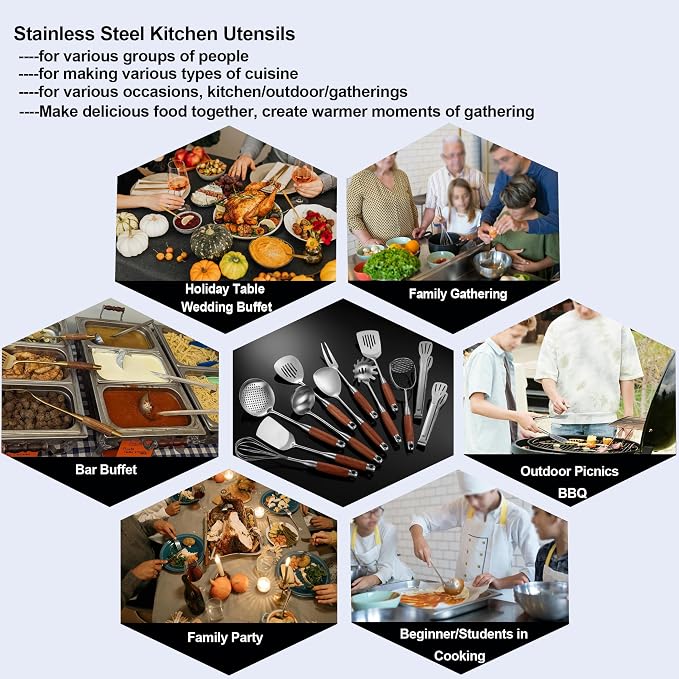 Kitchen Utensils Set Stainless Steel with Wooden Handle,Metal Cooking Utensils Set 12 PCS,Spatulas,Ladle,Skimmer,Tunners,Spaghetti Spoon,Fork,Potato Masher,Egg Whisk,Tongs - Image 3