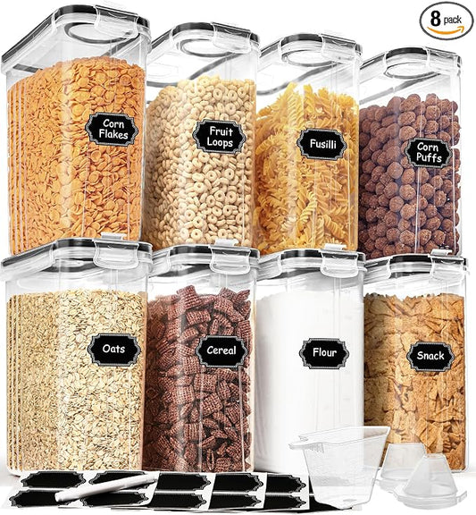 Cereal Containers Storage Set (4L / 135.2oz), 8PCS Airtight Food Storage Containers with Lids, Cereal Dispensers for Kitchen Pantry Organization and Storage with Pour Spout, 20 Labels, Marker by HKJ+Chef