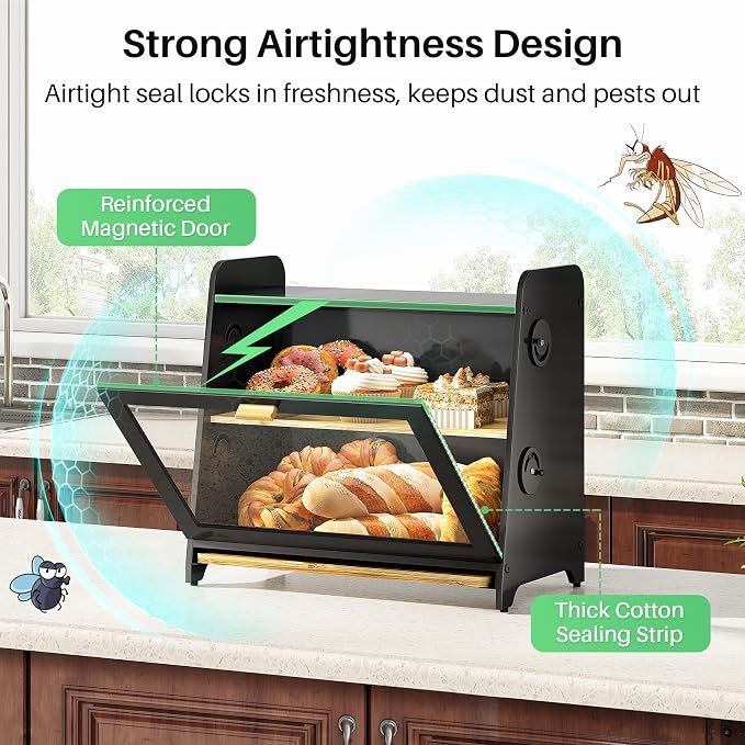 SNTD Airtight Bread Box for Kitchen Countertop, Bamboo Cutting Board, Black | Adjustable Vent Hole, Sorted Storage, Natural Wood, Magnetic See-through Door, Metal Frame, Homemade Bread Storage Container - Image 5