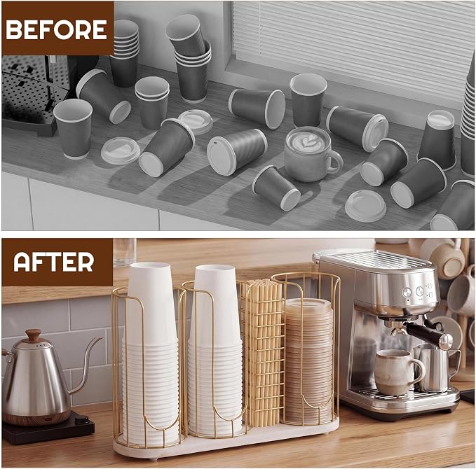 18oz Adjustable Coffee Cup Dispenser with Wooden Base, Cup and Lid Holder, Cups Holder Organizer for Coffee Pod Straw and Lid Storage(4-compartment Single,Color 4) - Image 6