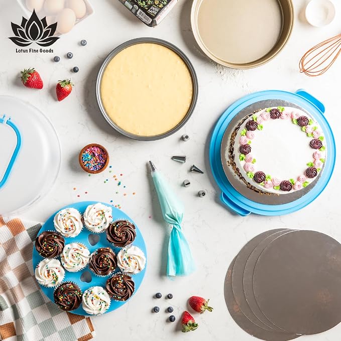 Cake Carrier with Lid and Handle – 10" Cake Storage Container with Baking Accessories, Cake Stand with Baking Pan, Cupcake Tray, Cake Boards & Piping Set - Image 3