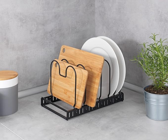 WENKO Pan Storage and Lid Holder, Telescopic Storage for Cupboards with 6 Compartments for Frying Pans and Lids, Cutting Board, Metal, 30-57 x 18 x 18 cm, Black - Image 5