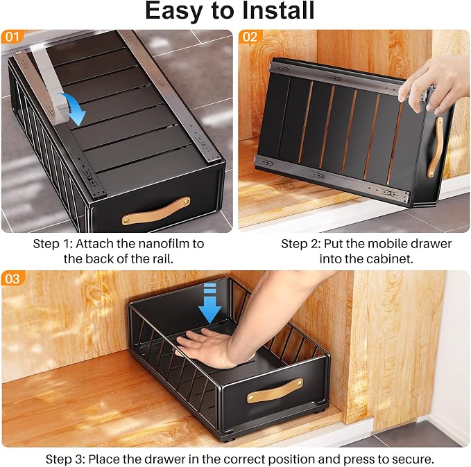 Pull out Cabinet Organizer,Heavy Duty Slide out Pantry Shelves Drawer Storage with Adhesive Nano Film,Sliding Mesh Cabinet Basket with Handle for Kitchen, Bathroom, Home, 11.8"W X 15.7"D X6.2"H,Black - Image 7