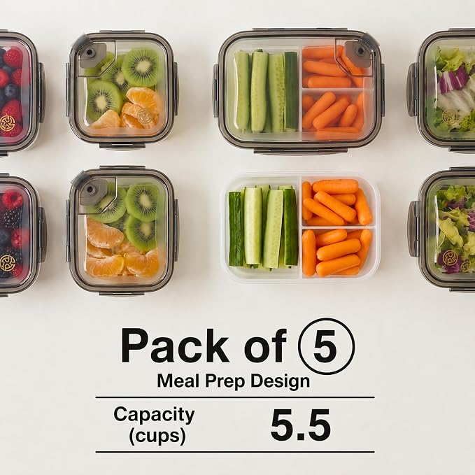 Compartmentalized Plastic Airtight Food Storage Containers with Vented Lids, 3-Compartment Design, BPA-Free, 5-Pack (5.5 Cups Each) for Meal Prep and Portion Control - Image 5