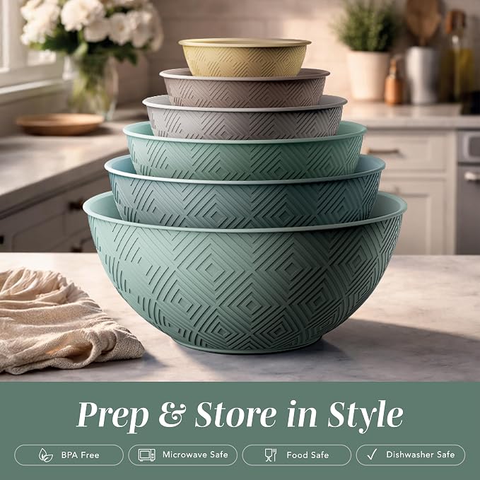 COOK WITH COLOR Mixing Bowls with Lids - 12 Piece Plastic Nesting Bowls Set includes 6 Prep Bowls and 6 Lids, Microwave Safe Mixing Bowl Set, Mint Rhombus - Image 3