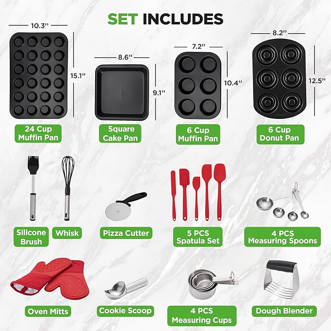 NutriChef 42-Piece Nonstick Bakeware Set | Carbon Steel Baking Pans Set with Oven Mitts, Muffin Trays, Cookie Sheets, Loaf Pan, & Accessories for Cakes, Pizza & Bread. - Image 3