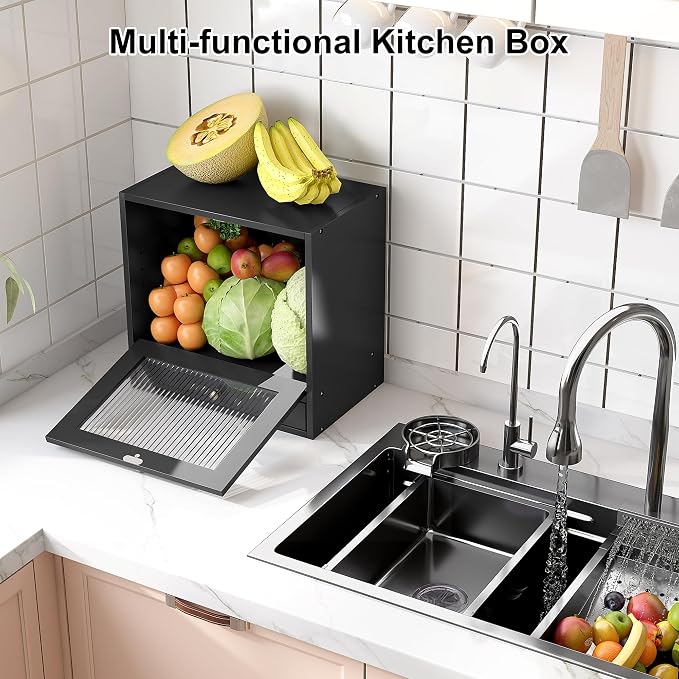 Alpeir Wooden Bread Box for Kitchen Countertop, Large Capacity with Ventilation Holes Adjustable Tiered-Shelf, Vintage Farmhouse Breadbox with Drawer & Window, Longer Freshness, Black - Image 7
