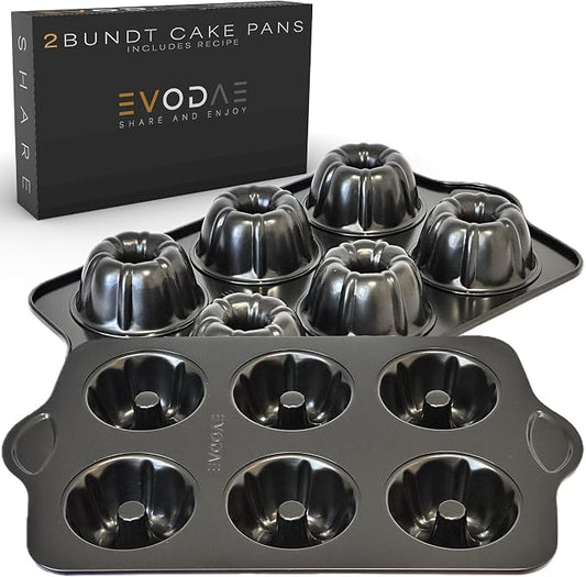 Mini Bundt Cake Pans for Baking – Set of 2 – 6 Cups Each (12 Cups Total) – Nonstick Black Carbon Steel – Heavy-Duty & Built to Last – Carefully Packaged in a Clean Black Box – PFOA & PTFE Free by EVODAE