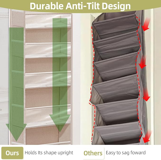 Over Door Organizer with 6 Extra Large Pockets 12 Side Pockets, Sturdy Closet Storage Rack, Hanging Storage Organizer with Clear Window for Shoes, Diaper, Bedroom, Bathroom, Beige, 3-Pack - Image 3