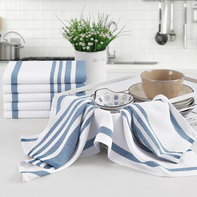 Homaxy Premium Cotton Stripe Kitchen Towels 8 Pack, 18"x 28", Navy Blue | Large 380 GSM Kitchen Hand Towels, Soft Terry Dish Towels, Highly Absorbent Tea Towel Set with Hanging Loop - Image 5