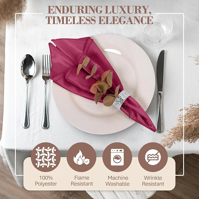 17x17-Inch Shantung Cloth Napkins, Raspberry, Set of 12 | Bulk Case of 1 Dozen, Satin, Square, 100% Polyester Fabric, Reversible, Faux Dupioni Silk Reverse Side, Machine Washable, Red - Image 2