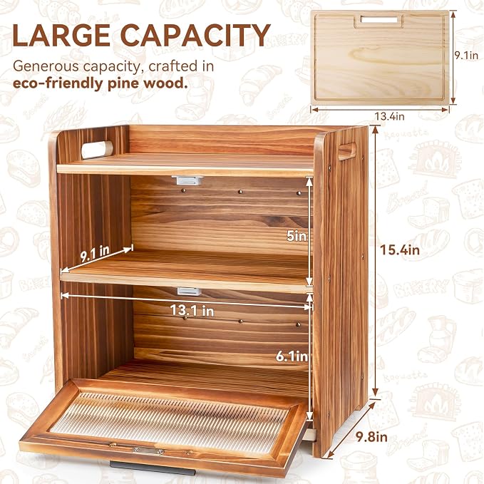 Bread Box for Kitchen Countertop, Large Wooden Breadbox with Cutting Board | Double Layer Bread Storage Container for Homemade Bread with Handles, Acrylic Window and Air Vents Keep Bread Fresh (Brown) - Image 2