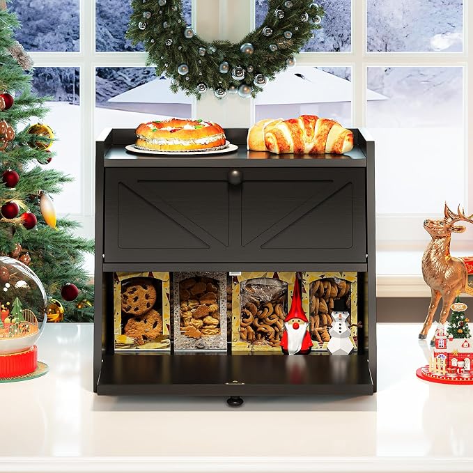 Trironsun Vintage Double Layer Bread Box for Kitchen Counter Bamboo Bread Storage Container Large Capacity Bread Storage Bin (Black) - Image 2