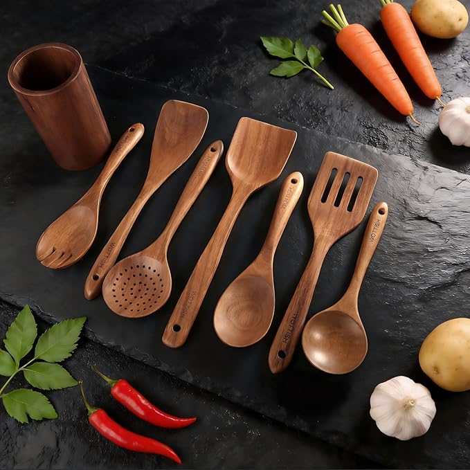 Wooden Spoons for Cooking - 8-Piece Wooden Kitchen Utensil Set made of Natural Solid Wood Material-Includes Spoons,Spatulas,Ladles,Mixing Spoon and Utensil Holder,Valentine's Day Gifts - Image 2