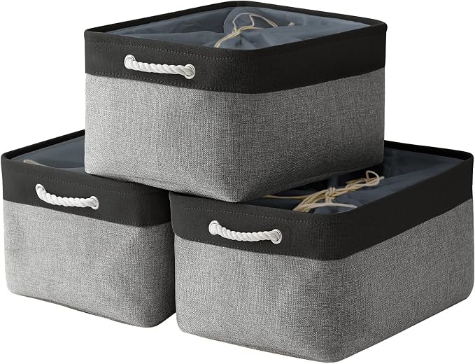 Organization and Storage Basket for Organizing - 17x14x10 inch Large 3 Pack Collapsible Storage Bin for Shelves, Fabric Basket for Gifts Empty Organizer Gift Closet (Black & Grey) by TheWarmHome