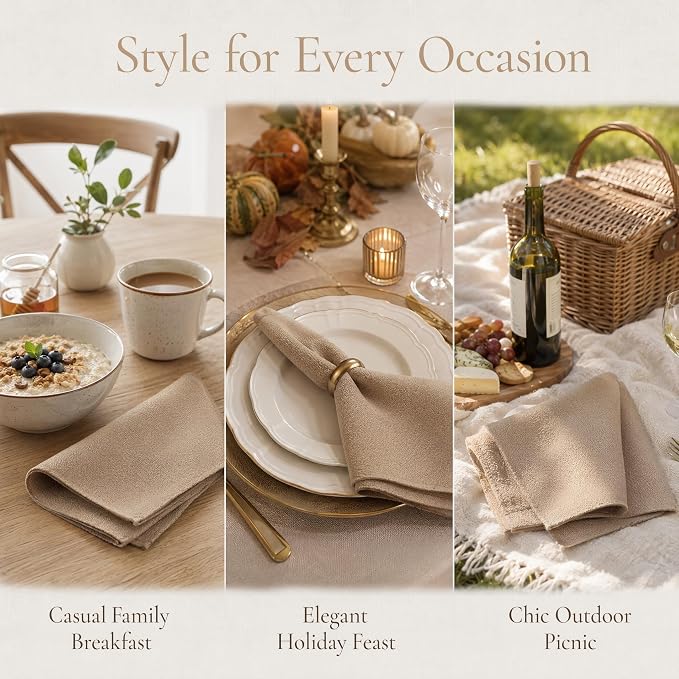 17x17 Solid Brown Linen Napkins Set of 12 Washable Thanksgiving | Hosting Thanksgiving? This set of 12 washable brown cloth napkins perfectly complements your autumn harvest decor. - Image 5