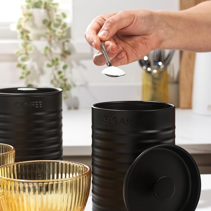 Russell Hobbs RH03268EU7 Ribbed 3-Piece Canister Set – Set of 3 Kitchen Storage Canisters for Tea, Coffee and Sugar, Durable Powder-Coated Steel, Pull Top Lids, Easy to Clean, Ribbed Design, Black - Image 4