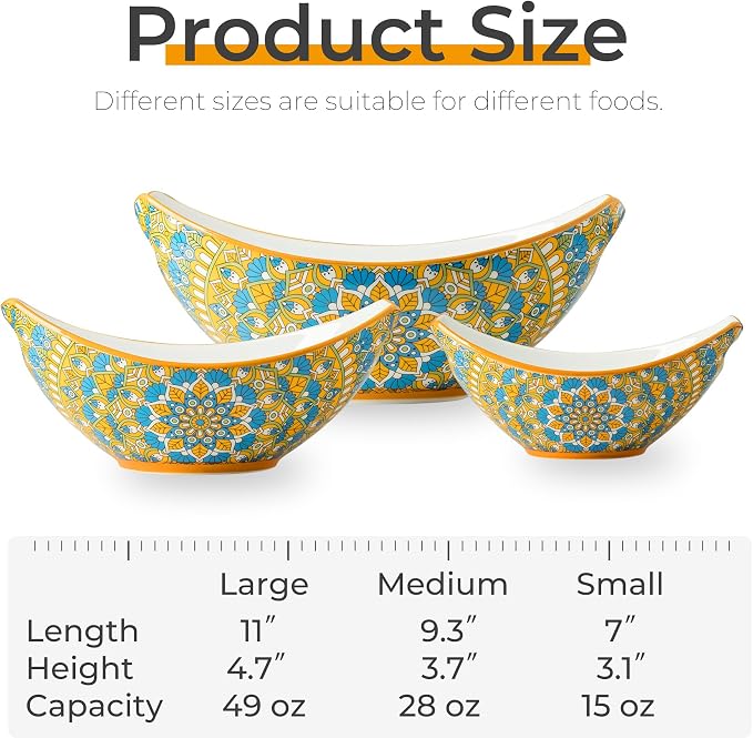LAUCHUH Serving Bowls with Handles, Bohemian Porcelain Serving Dishes | Mixing Bowls for Entertaining Colorful Nesting Bowls Salad Bowls for Kitchen, Thanksgiving, Set of 3, 15/28/49 oz, Blue & Red - Image 2