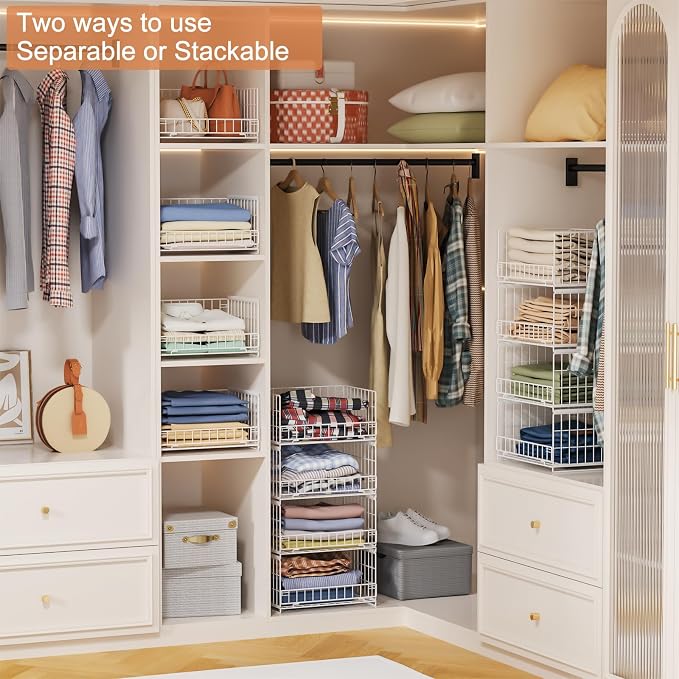 Hongtamoya 4-Tier Sliding Closet Organizers and Storage Shelves, Stackable Closet Shelf Organizer Basket Bins, Drawer Shelf Storage Container for Wardrobe Cupboard Kitchen Bathroom Office, White - Image 7