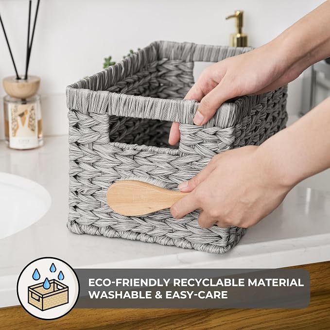 GRANNY SAYS Wicker Storage Baskets for Organizing, Basket Organizer, 2-Pack | Waterproof Wicker Baskets with Handles, Cabinet,Coffee Table,Gray Plastic Baskets for Shelves,Handwoven Bathroom Storage Bins - Image 4