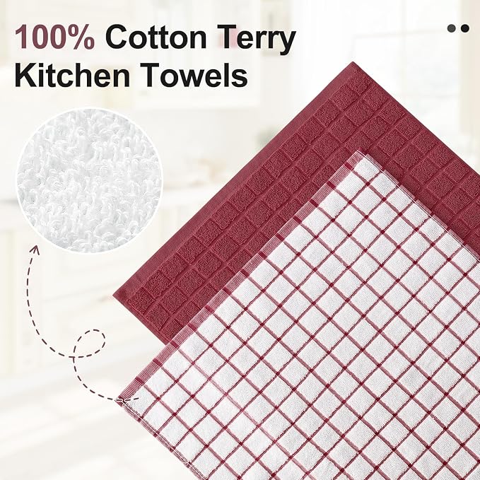 Homaxy Large Premium Cotton Kitchen Towels 16"x 28", 8 Pack, Red | Natural Ring Spun 390 GSM Dish Towels, Super Absorbent Terry Kitchen Hand Towels, Soft Tea Towels with Hanging Loop - Image 2