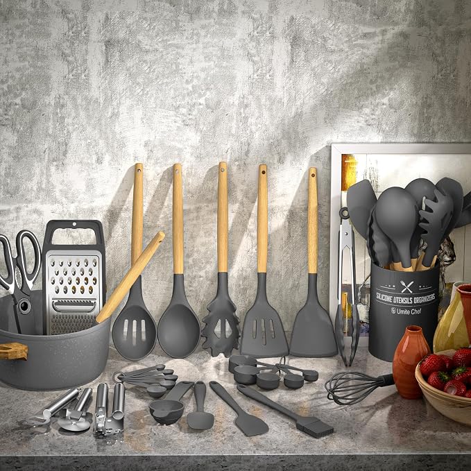 Umite Chef Silicone Kitchen Utensil Set, 34PCS Heat Resistant Kitchen Gadgets and Tools With Grater, Wood Handles for Nonstick Cookware (Dark Gray) - Image 2