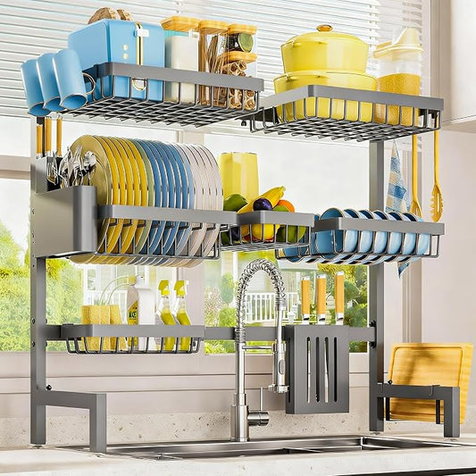 Sakugi Dish Drying Rack Over The Sink, Dish Drainer for Kitchen Counter | Stainless Steel Storage Organizer with Utensil Knife Holder & Hooks, Adjustable 11.8"Dx31.5"~39"Wx30"H, Grey by Sakugi