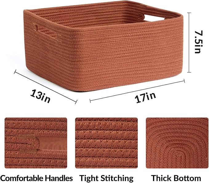 MiniArk Large Storage Baskets for Organizing, 17 x 13 x 7.5” Closet Shelf Baskets for Clothes Blanket Towels, Baby Nursery, Toy Bins Box, Woven Rope Baskets, 4 Packs Oxide Red - Image 2