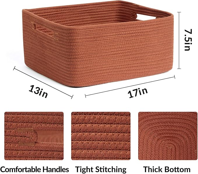 MiniArk Large Storage Baskets for Shelves, 17 x 13 x 7.5” Closet Organizers Bins for Clothes Blanket Towels, Baby Nursery, Toy Baskets Box, Woven Rope Baskets, 3 Packs Oxide Red - Image 2