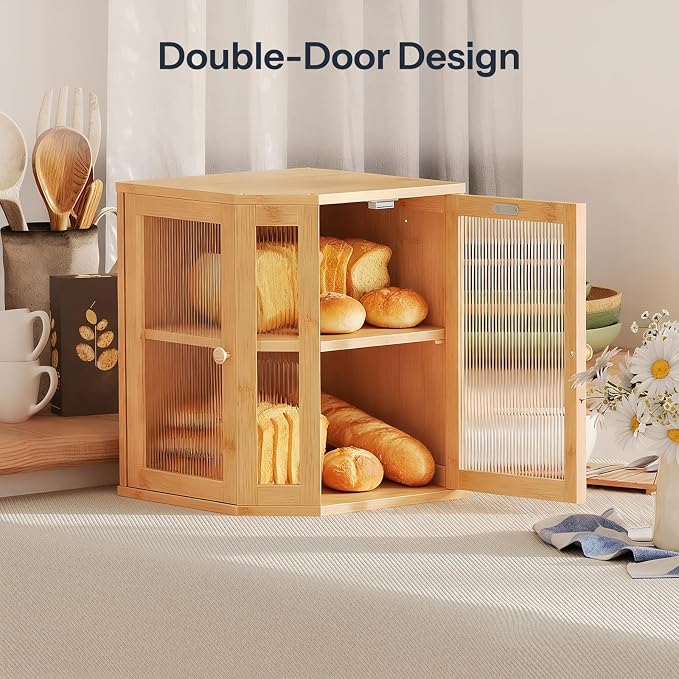 HOOBRO Bread Box, Bamboo Bread Box for Kitchen Countertop, 2-Tier Corner Bread Box, Large Capacity Bread Bin, Food Storage Box, Bread Storage Container for Kitchen, Dining Room, Natural YL12MB01 - Image 5