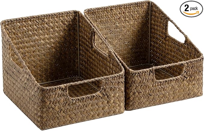 StorageWorks Pantry Baskets for Organizing, Seagrass Storage Baskets,2-Pack | Seagrass Storage Baskets for Shelves, Wicker Baskets with Handles,Woven Baskets for Pantry Storage,Wicker Baskets for Storage by StorageWorks