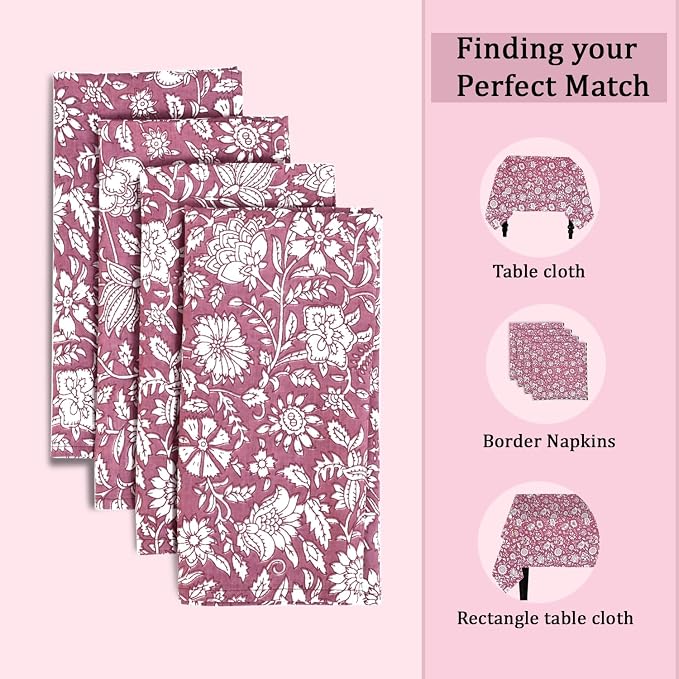 Mauve Vine Garden Hand Block Print 100% Cotton Napkins 18" x 18" (Set of 4) Reuseable Kitchen Napkins Cloth Decor Dinner Party Wedding Cocktail Gift for Spring, Easter, Summer - Image 4