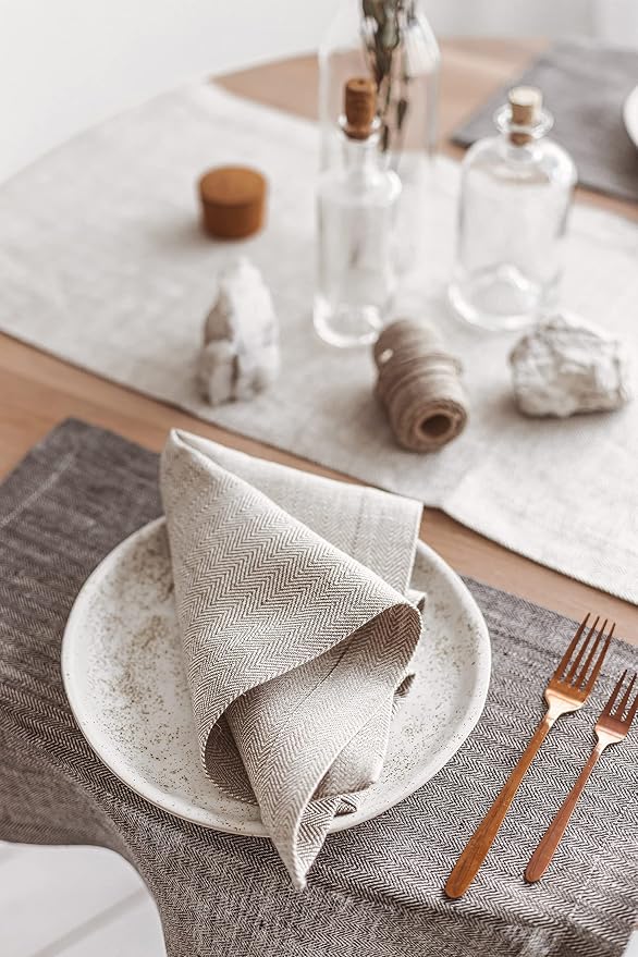 Pure 100% Flax Linen Napkins - Cloth Napkins set of 12 - White-Natural Herringbone 17x17-inch Napkins Cloth Washable - Reusable Fabric Dinner Table Napkins - Image 2