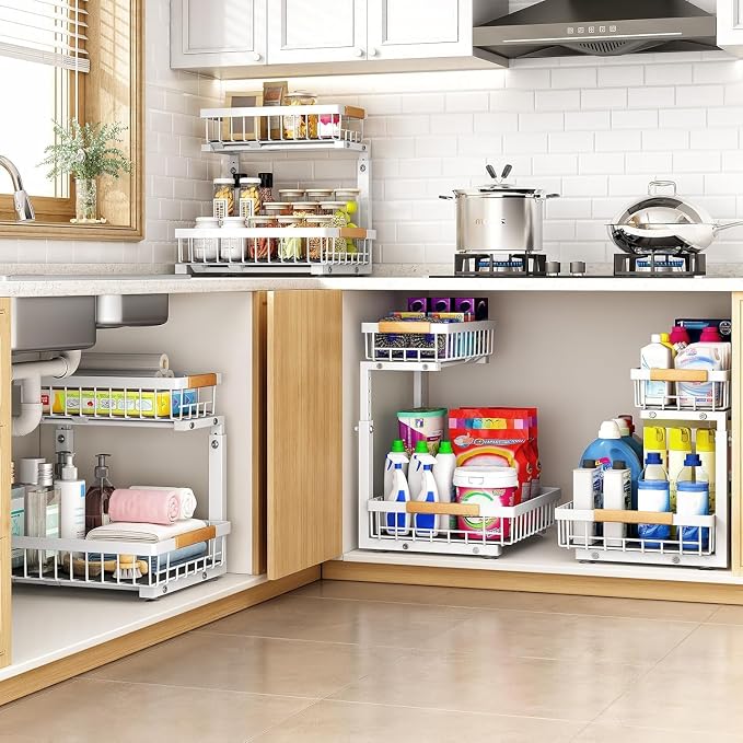PXRACK Under Sink Organizer, Adjustable Height, 2 Tier Pull Out Under Cabinet Organizer, Slide Out Thickened Metal Under Sink Storage for Kitchen Bathroom Laundry Pantry Cabinet, White, Large-2-Pack - Image 7