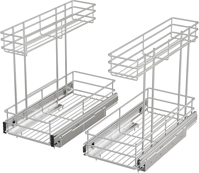Under Sink Organizer 9" W X19 D, Pull Out Cabinet Organizer 2 Tier | 2 Pack, Chrome Plated, Full Slide Out, Under Kitchen Bathroom Sink Organizer, Pantry Cabinet Closet Organization Rack - Image 8