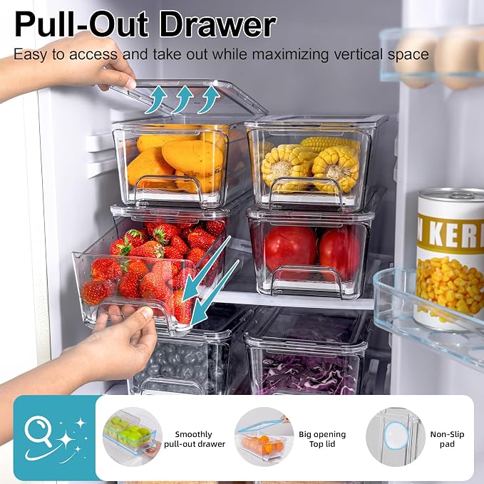 4-Pack Stackable Fruit Storage Containers for Fridge | Pull-Out Drawer Organizer Bins, With Lids & Drain Tray, Keep Fresh, Removable Refrigerator Container for Berry, Veggie, Drink - Image 2