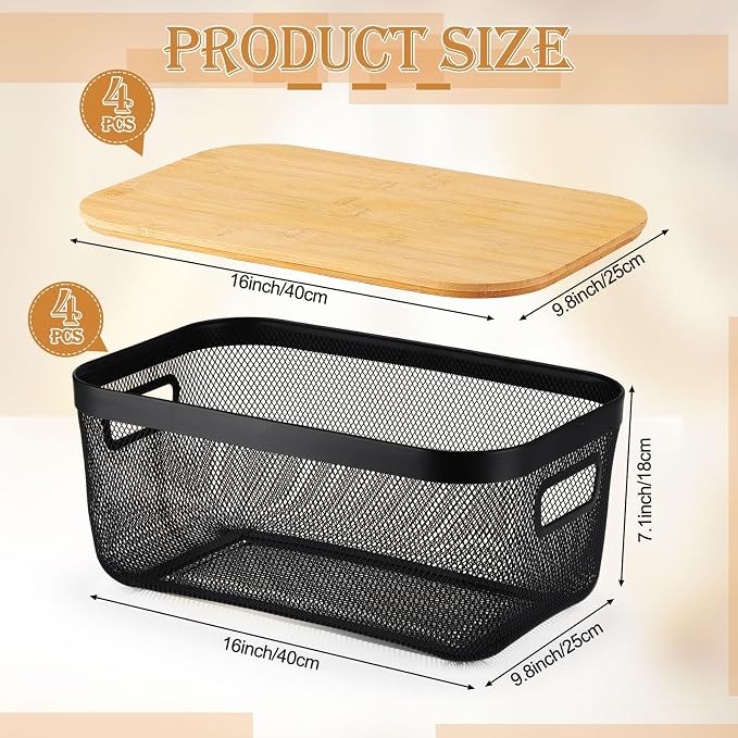 Sawysine 4 Pcs Metal Mesh Steel Basket with Handles and Bamboo Lids 16 x 9.8 '' Stackable Black Wire Basket Pantry Organization and Storage for Cabinets Shelves Kitchen Harvest - Image 2