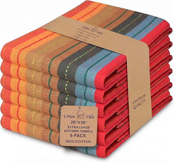 Urban Villa Kitchen Towels Cotton Dish Towels 20”x30” (Set of 6) Red Multi by CottonTrends