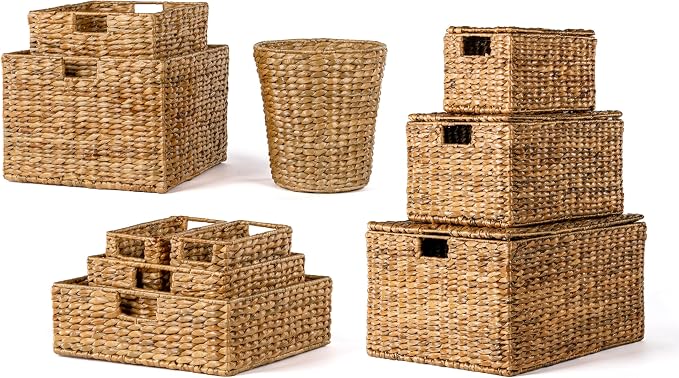 happimess Traditional 10-Piece Hyacinth Wicker Baskets, Natural | Hand-Woven Iron Frame Storage, Lidded Trunk, Trash Bin, Southwestern Style, Living Room Bedroom Decor by Happimess