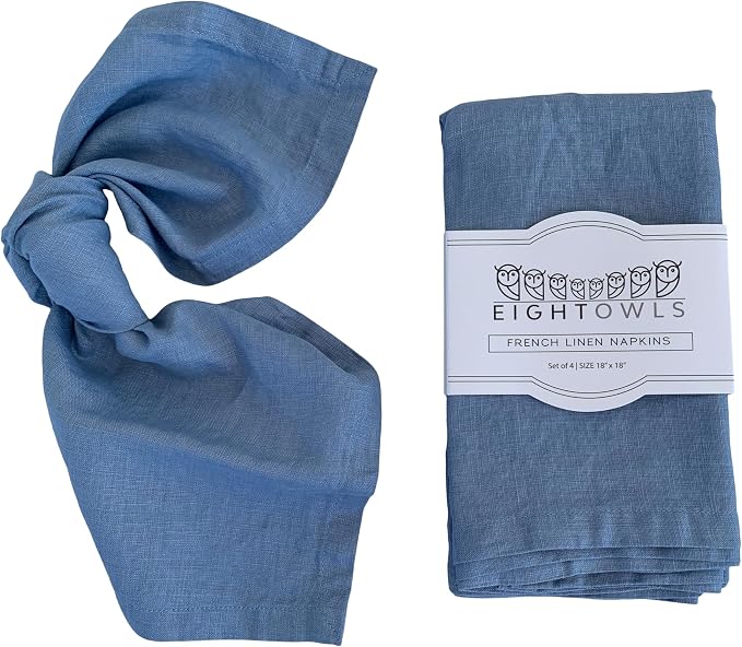 Linen Napkins –100% French Flax – Stonewashed Pure Linen Cloth Napkins - Size 18 Inch x 18 Inch – Set of 4 (Dusty Pastel Blue) by EightOwls