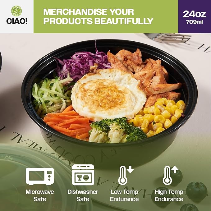 CIAO! 24oz Heavy Weight Injection Molded Microwavable Black Round Food Container with Lid (150/case) - Image 6