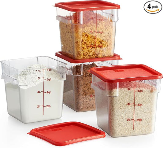 4 Pack Food Storage Container with Red Lid - NSF Listed Commercial Grade in 8.0 Qt - Square, Clear, Polycarbonate by CURTA
